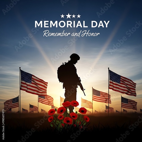 Memorial day tribute with american flags and poppies at sunset