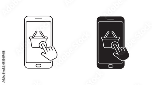 Mobile phone icon with hand clicking a cup with straw and drink menu illustration for app interaction