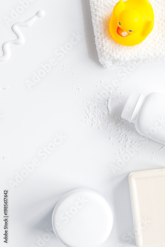 baby accessories for bath with duck on white background