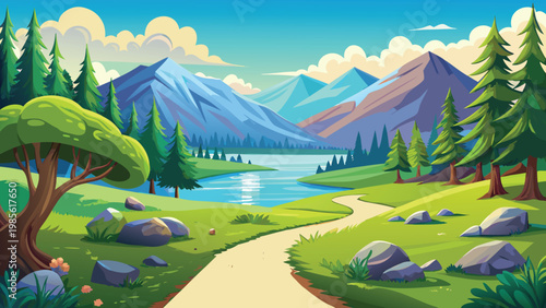 Vibrant cartoon landscape of Serene mountain landscape with a peaceful forest stream Vector