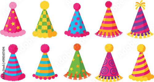 Colorful Party Hat Illustration Set Featuring Birthday Celebration Caps with Patterns and Pom Poms for Festive Events Decoration and Kids Party Design