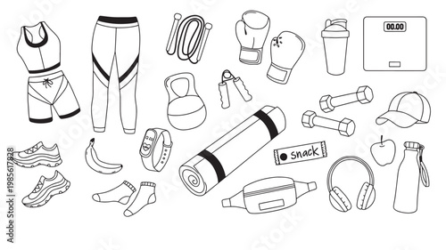 Sports and fitness accessories icon set with gym bottle, headphones, sneakers, dumbbell, watch, and snack