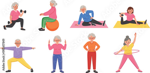 Senior Fitness Cartoon Character Set Featuring Elderly People Exercising Yoga Stretching Workout and Healthy Lifestyle Activities for Wellness Illustration Design