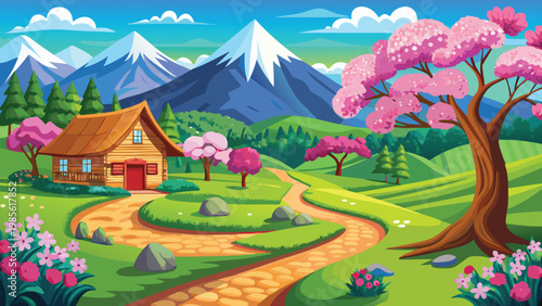 Vibrant cartoon landscape of Serene cabin nestled amidst blooming trees and snow-capped mountains Vector