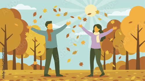 Joyful couple embracing the beautiful autumn season in a vibrant park