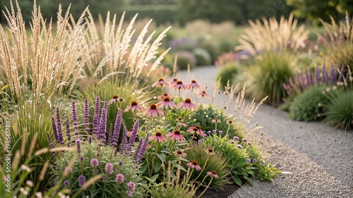 Delicate grasses sway alongside bright yellow flowers along a quiet path. Landscape composition, flower border