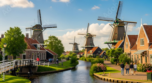 Traditional Dutch Windmills Along Waterway.