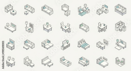 Collection of isometric line art furniture and home decor items.