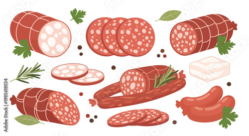 Assorted fresh raw meat cuts including sausages steaks and bacon on white background for butchery or food preparation