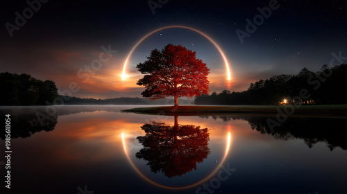Fantasy landscape red tree lake reflection glowing ring night sky surreal art magical light calm water lone tree dream scene fantasy landscape with red tree near calm lake reflection glowing ring