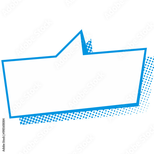 A blue comic book style speech bubble or text box with halftone dot patterns.