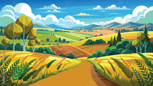 Vibrant cartoon landscape of Golden harvest fields under a bright autumn sky Vector