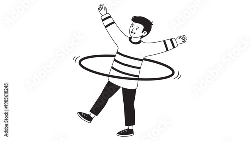 Boy doing spinning dance with hula hoop in black and white cartoon line art style featuring child, hooping, outline with motion lines and playful