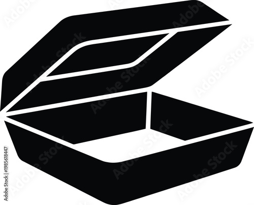 Open black food container for take away order meal packaging empty box isolated on transparent background.