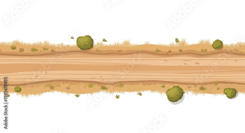 Top-down view of a dirt road with green bushes and dry grass vector