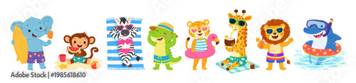 Cartoon summer animals set of illustrations. Cute animal character on beach. Vector illustration for kids holiday, children design and vacation posters concept.