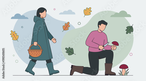 Autumn mushroom hunting. Man picking, woman walking with basket.