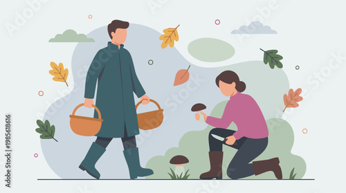 People Picking Wild Mushrooms in Autumn Forest Illustration