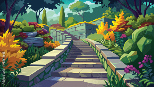 Vibrant cartoon landscape of Serene garden pathway leading to a tranquil water feature and lush greenery Vector
