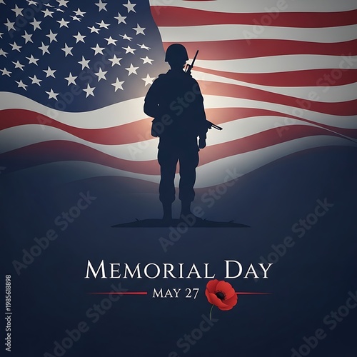 Memorial day poster with american flag and soldier silhouette on a dark background