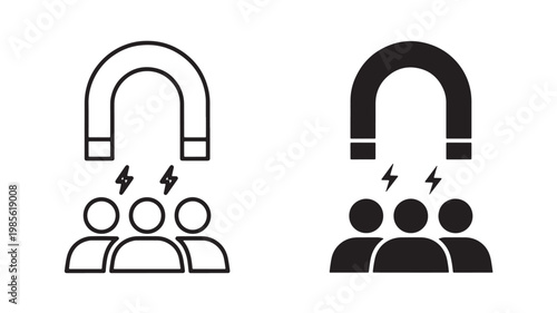 Lightning magnet logo set with audience icons and horseshoe electromagnet symbol for power energy theme