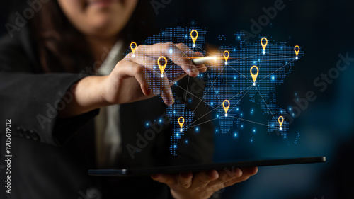 Fotografi Concept of a global logistics network with location pins on a world map