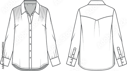 Womens long sleeve button down blouse technical fashion flat sketch vector illustration template with front and back view CAD design