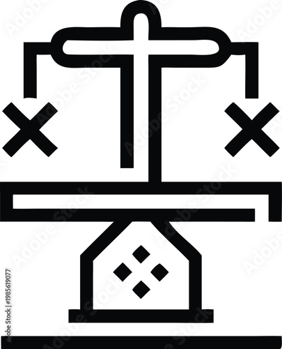 Minimalist Black Line Icon of an Imbalanced Justice Scale with Error Signs