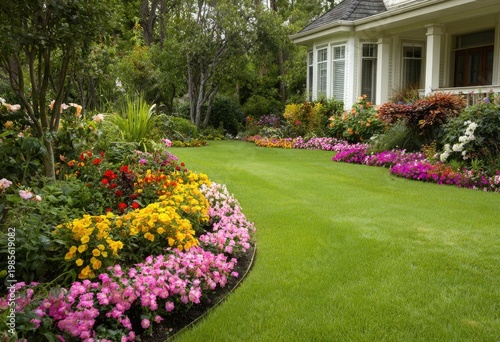 Lush, colorful garden beds frame a manicured lawn leading to a stately home