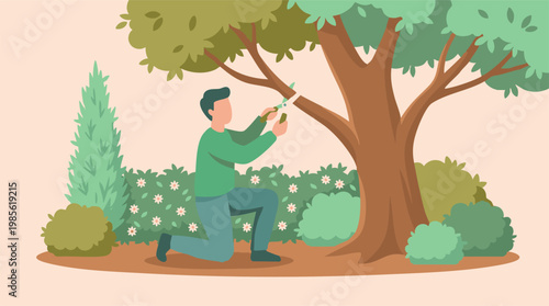 Man pruning a tree in a lush green garden, spring yard work concept