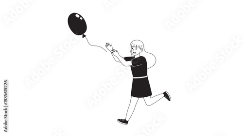 Balloon hand reaching event with a running woman and outlined black and white cartoon style featuring celebration, happiness, playtime with