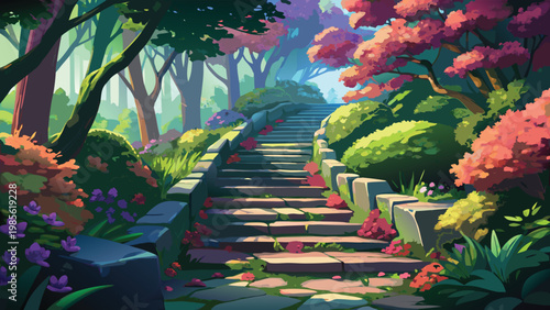 Vibrant cartoon landscape of Whimsical staircase through a vibrant autumnal forest glade Vector