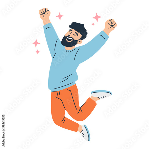 cartoon happy bearded man jumping smile character flat color vector illustration template design