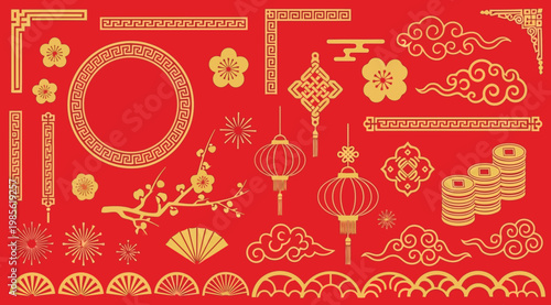 Chinese new year decorative elements set with traditional patterns, lanterns, clouds, flowers, and gold coins