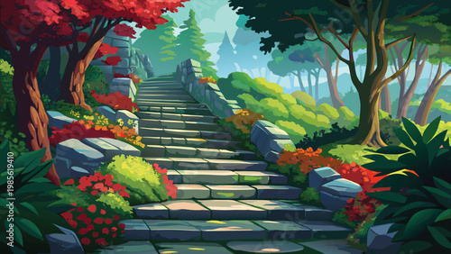 Vibrant cartoon landscape of Mystical stone pathway ascending through an enchanted forest glade Vector
