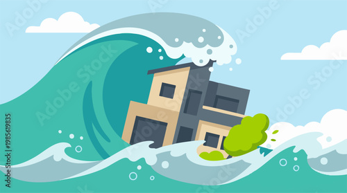 Giant tsunami wave crashing into a house during a natural disaster