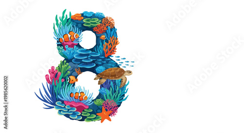 Colorful number eight made of vibrant coral, seaweed, and marine life, representing oceanic creativity and aquatic
