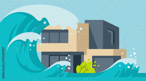 Modern house hit by large tsunami waves, natural disaster flood concept