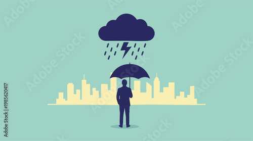 Businessman with umbrella protecting from storm over cityscape