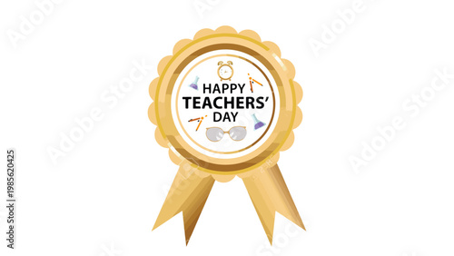 Happy Teachers’ Day celebration gold ribbon badge with clock pencil ruler eyeglasses tribute vector illustration design