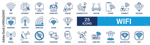 Wifi icon set. Containing internet, computer, online, connectivity, router, phone, connect, secured, browser and more. Blue vector icons collection.