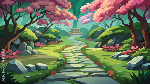 Fotografia Vibrant cartoon landscape of Serene pathway through blooming cherry blossom fore