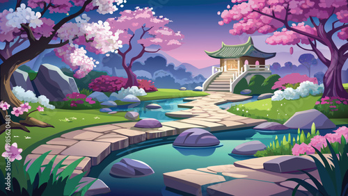 Vibrant cartoon landscape of Serene garden pavilion amidst blooming cherry blossoms and tranquil pond Vector