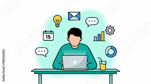 Productive Person Working on Laptop with Digital Business and Communication Icons