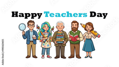 Happy Teachers’ Day celebration diverse group of teachers with books globe pencil tribute vector illustration design
