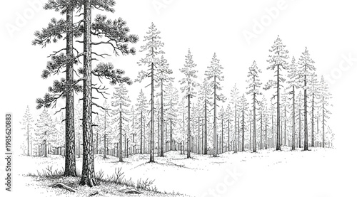 Detailed handdrawn sketch of a pine forest