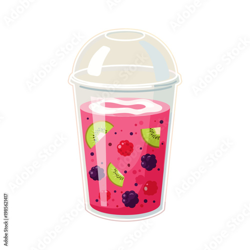 refreshing berry smoothie in plastic cup with lid and straw vector illustration