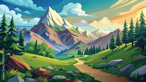 Vibrant cartoon landscape of Majestic mountain peaks under a serene sky Vector