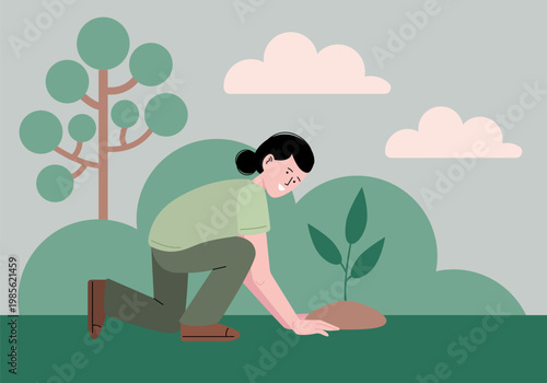 Tree planting. Growing a young plant. Ecology volunteering concept. Design for ecology activism