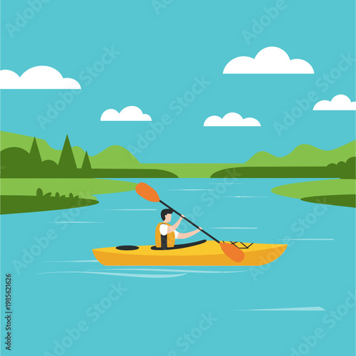 woman kayaking on serene lake with mountains vector illustration
